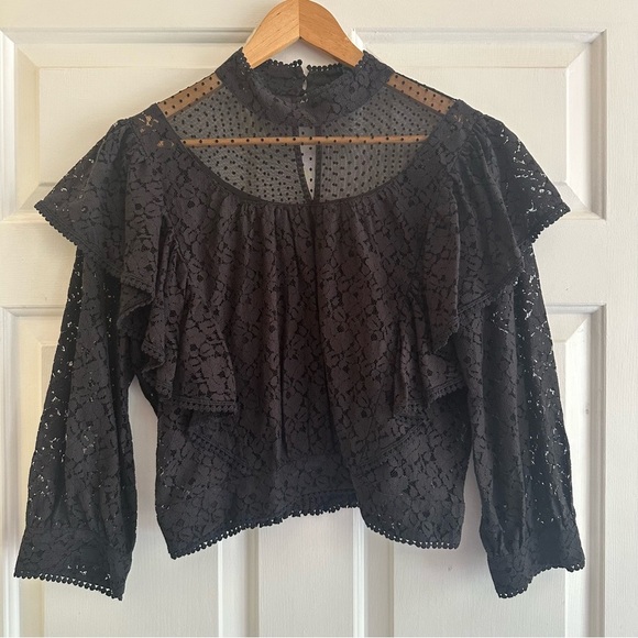 French Connection Inna Lace Ruffled Top Black Sheer Polka Dot Size S Whimsigoth - Picture 3 of 7